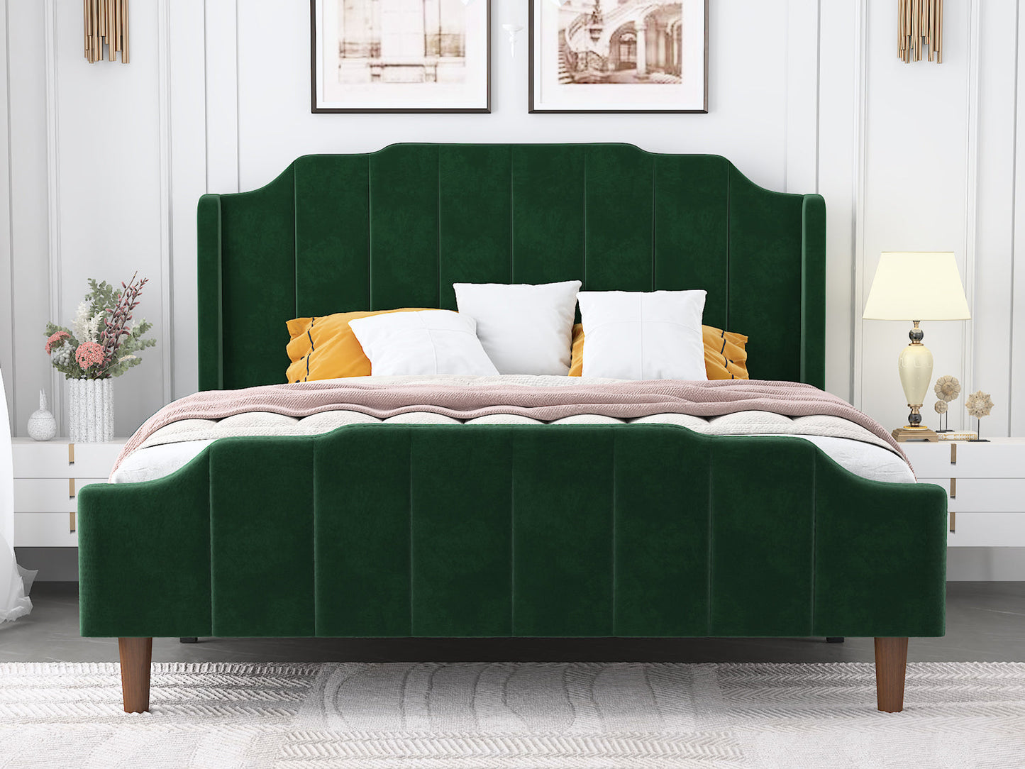 Modern Curved Wood Bed Frame with Upholstered Wingback Headboard