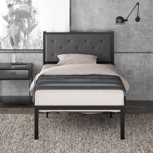Metal Bed Frame with Headboard, Strong Steel Slats Support