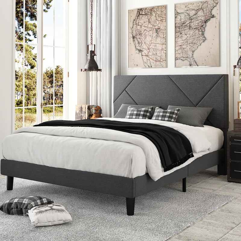 Queen Size Metal Bed Frame with Geometric Upholstered Headboard, Grey