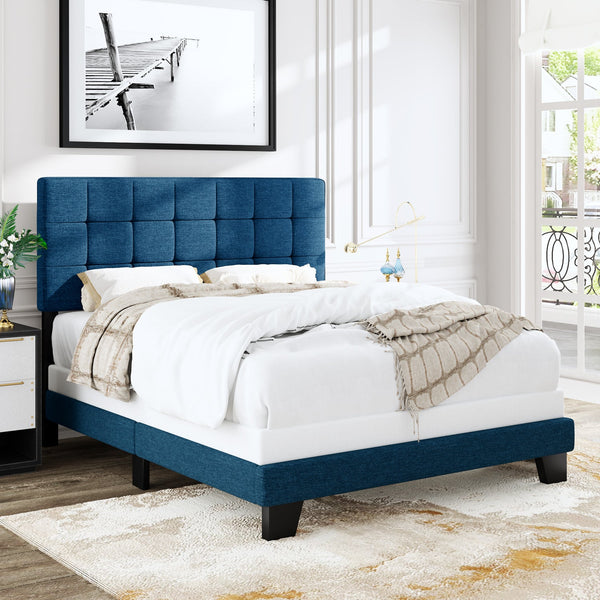 Fabric Upholstered Platform Bed Frame, Panel Bed Frame with Adjustable High Headboard