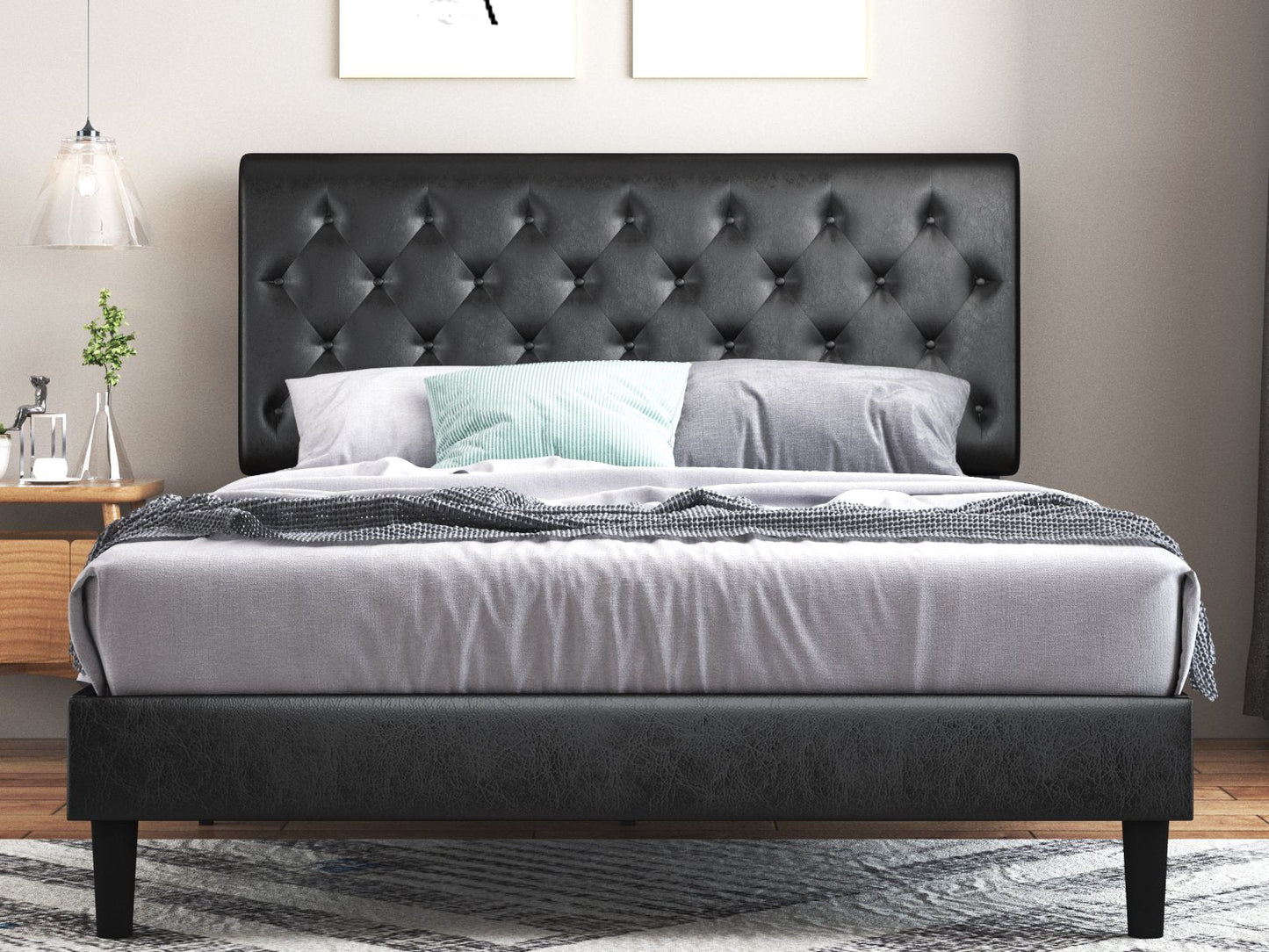 Faux Leather Upholstered Bed Frame with Adjustable Diamond Stitched Button Tufted Headboard