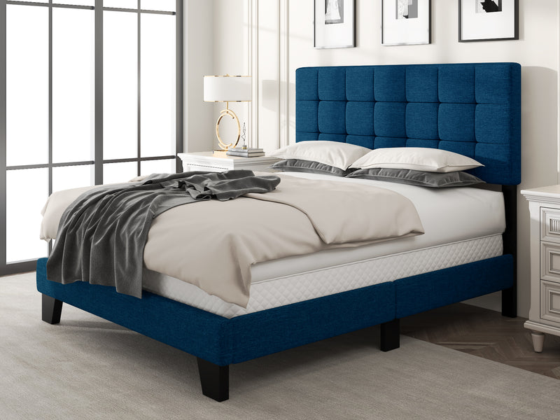 Queen Size Fabric Upholstered Panel Bed Frame with Adjustable Headboard, Square Stitched Style, Grey