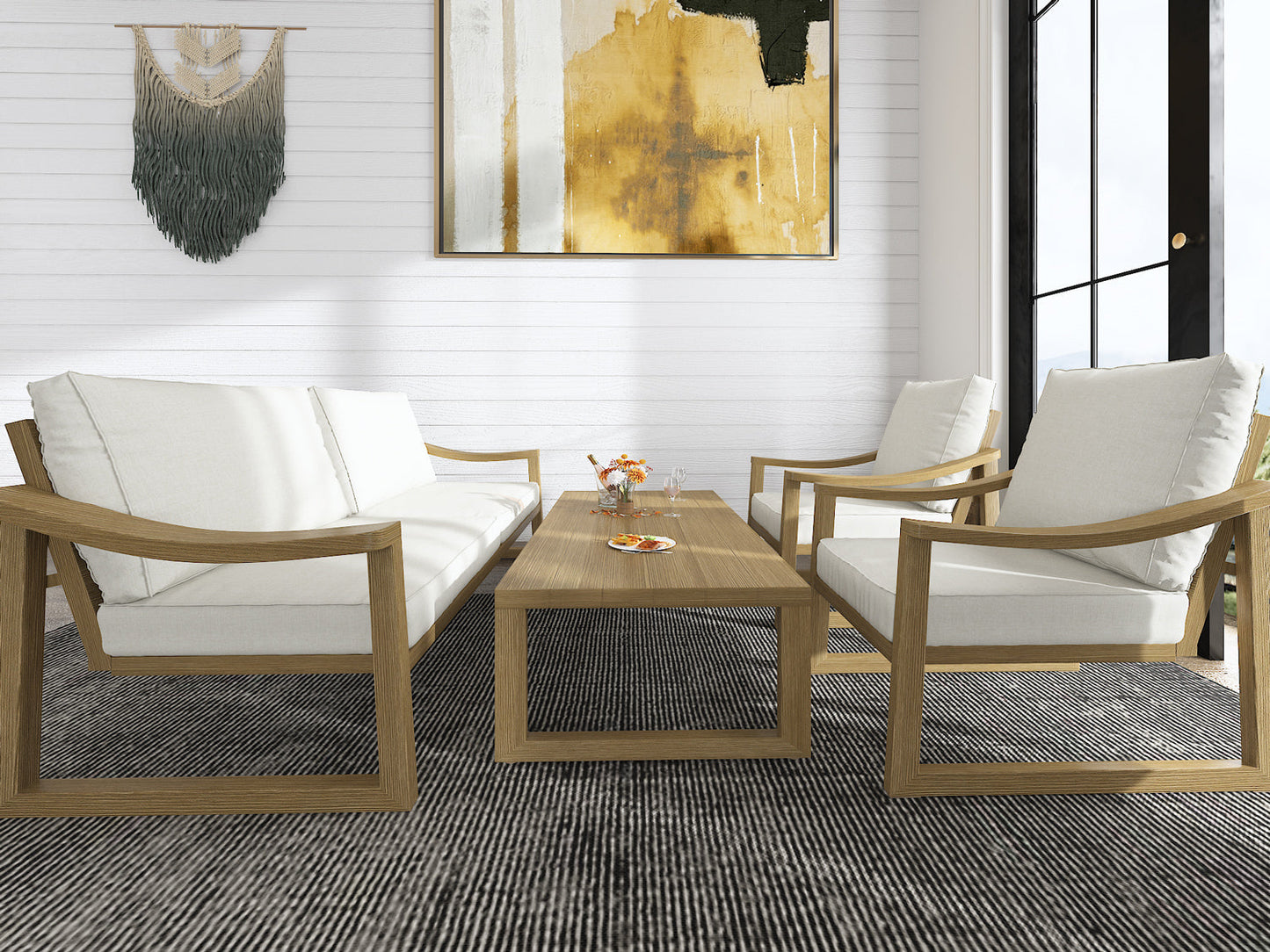 4 Pieces Patio Furniture Set Outdoor Conversation Sets, Modern Loveseat, Table and Chairs