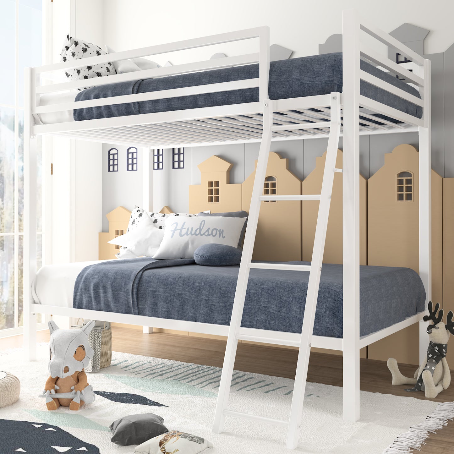 Bunk Bed Twin Over Twin Size with Ladder for Junior, Metal Twin Bunk Beds with Safety Full-Length Guardrail, Space-Saving / No Box Spring Needed / Noise Free