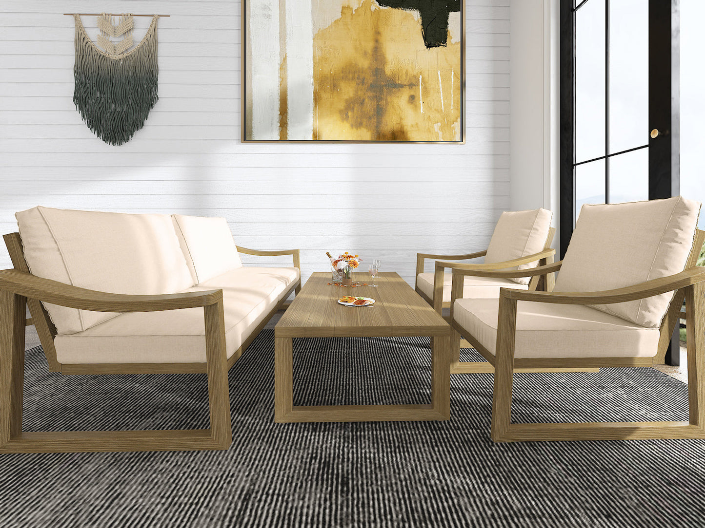 4 Pieces Patio Furniture Set Outdoor Conversation Sets, Modern Loveseat, Table and Chairs