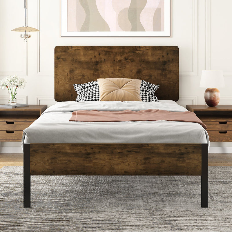 Platform Bed Frame with Wood headboard and Metal Slats/Rustic Country Style Mattress Foundation/Box Spring Optional