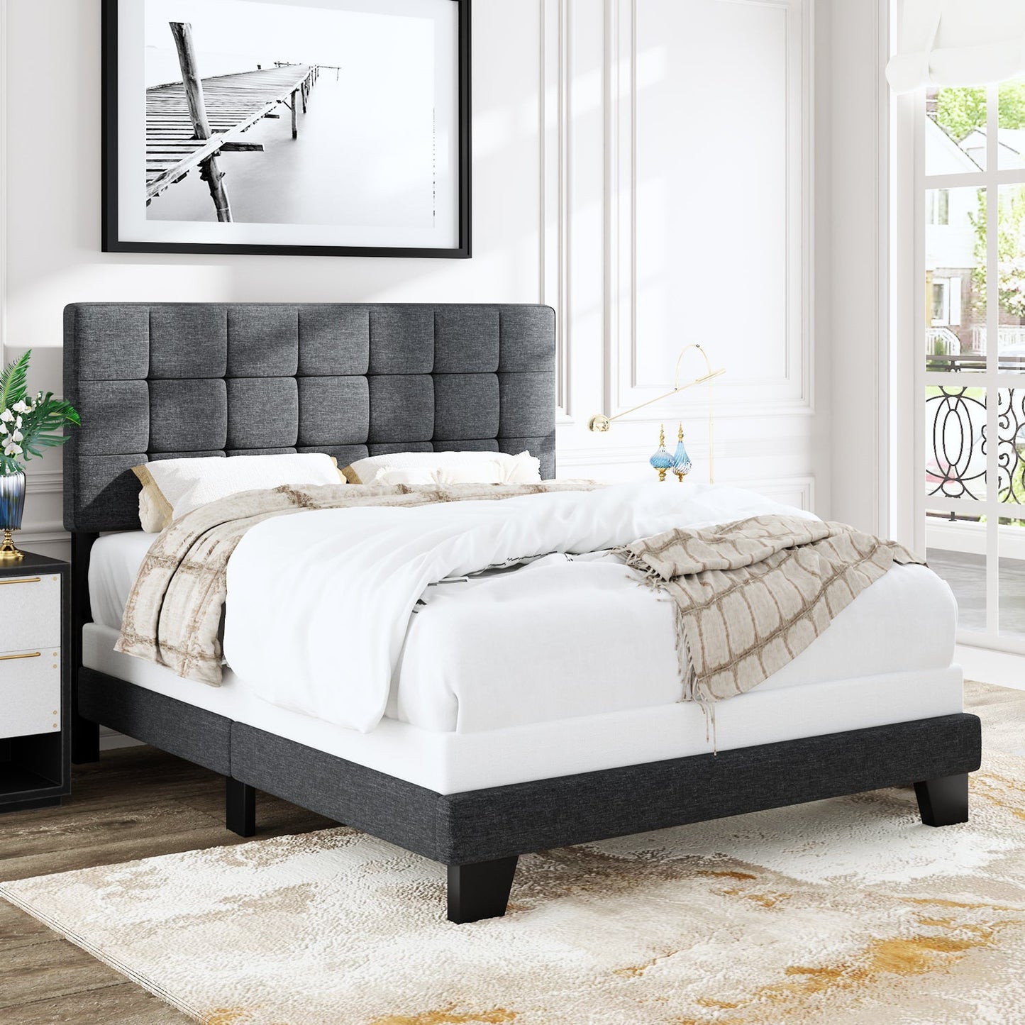 Fabric Upholstered Platform Bed Frame, Panel Bed Frame with Adjustable High Headboard
