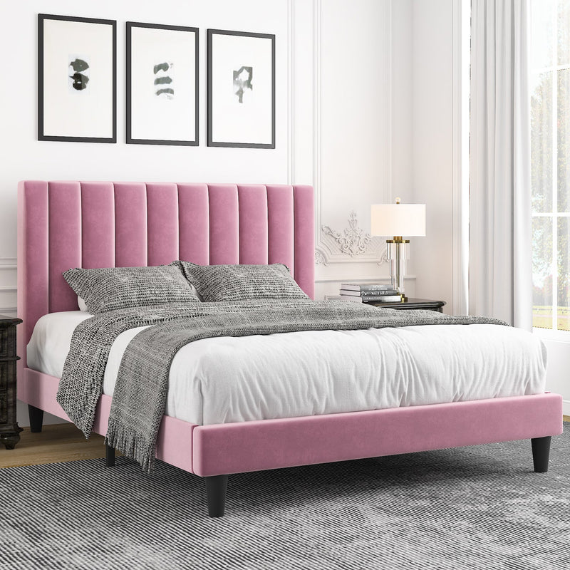 Velvet Upholstered Platform Bed Frame with Headboard, Strong Wood Slats Support
