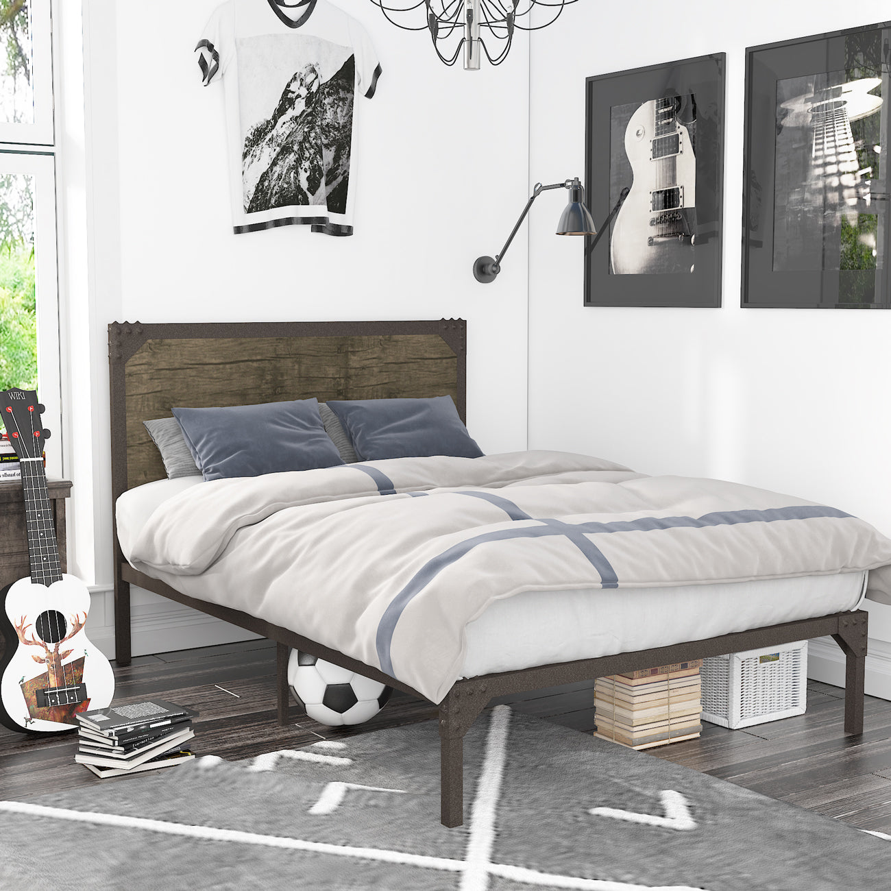 Queen Size Bed Frame with Industrial Wooden Rivet Headboard,Metal Platform Bed Frame with 13 Strong Slats Support, Rustic Brown