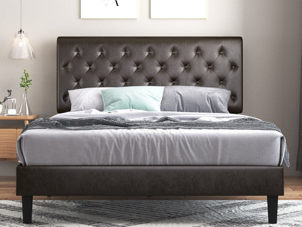 Faux Leather Upholstered Bed Frame with Adjustable Diamond Stitched Button Tufted Headboard
