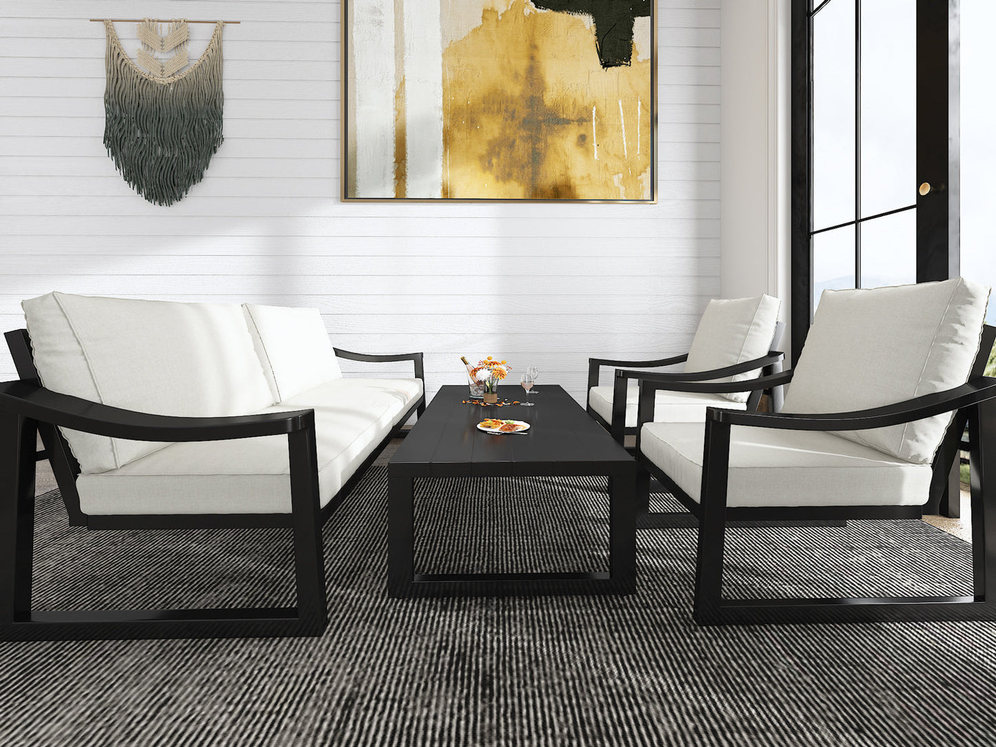 4 Pieces Patio Furniture Set Outdoor Conversation Sets, Modern Loveseat, Table and Chairs