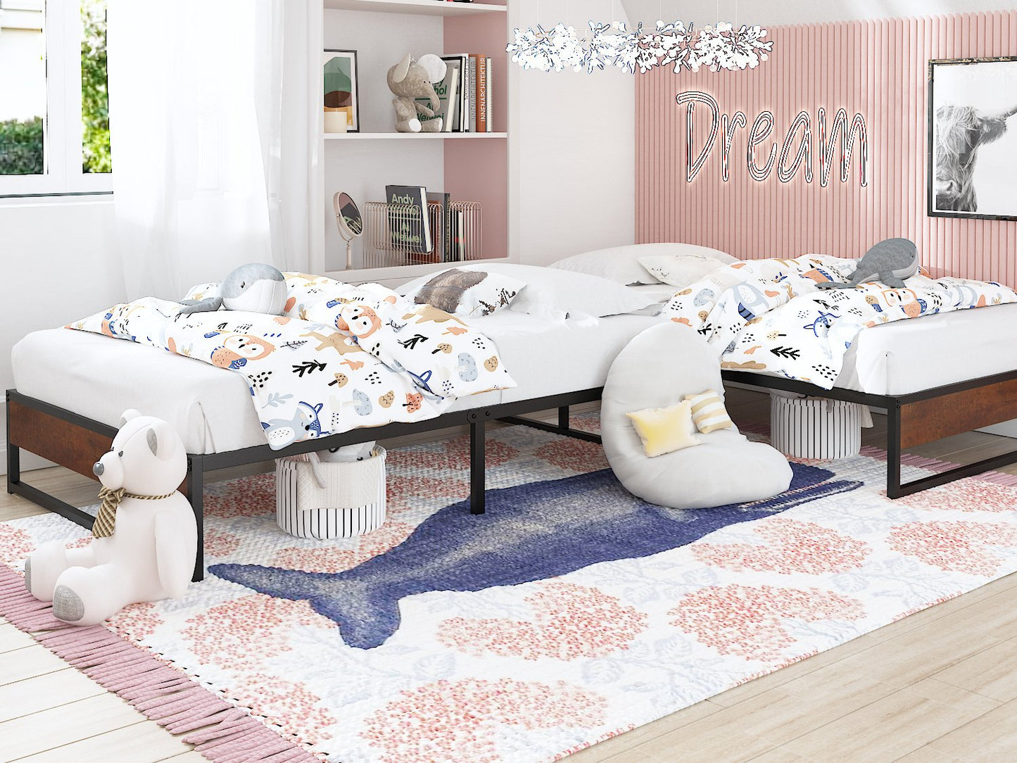 14 Inch Metal Bed Frame with Storage, Mattress Foundation with Rustic Wood