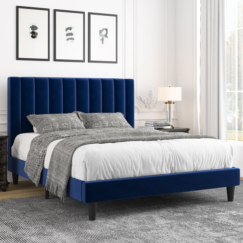 Velvet Upholstered Platform Bed Frame with Headboard, Strong Wood Slats Support