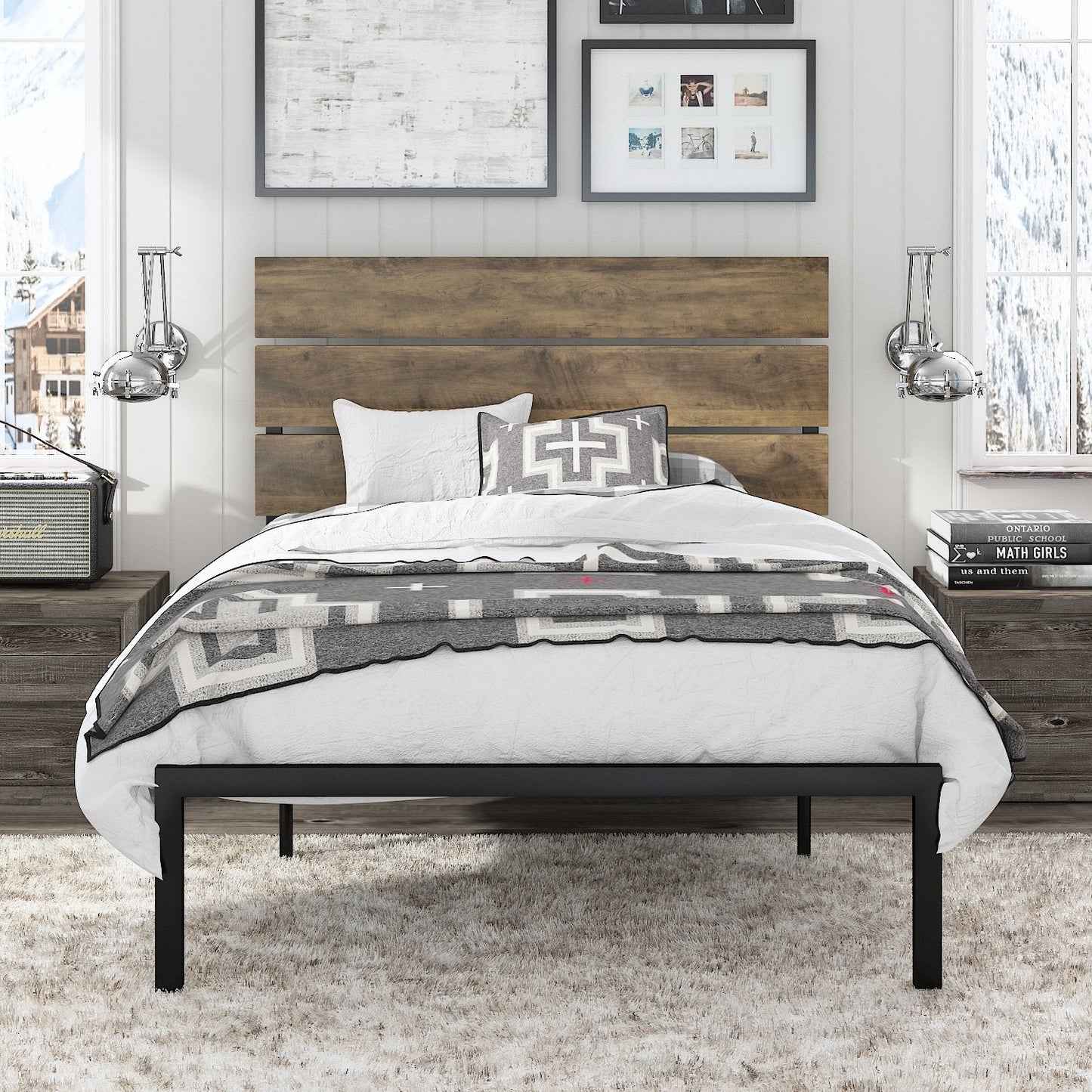Platform Bed Frame with Wood headboard and Metal Slats / Rustic Country Style Mattress Foundation