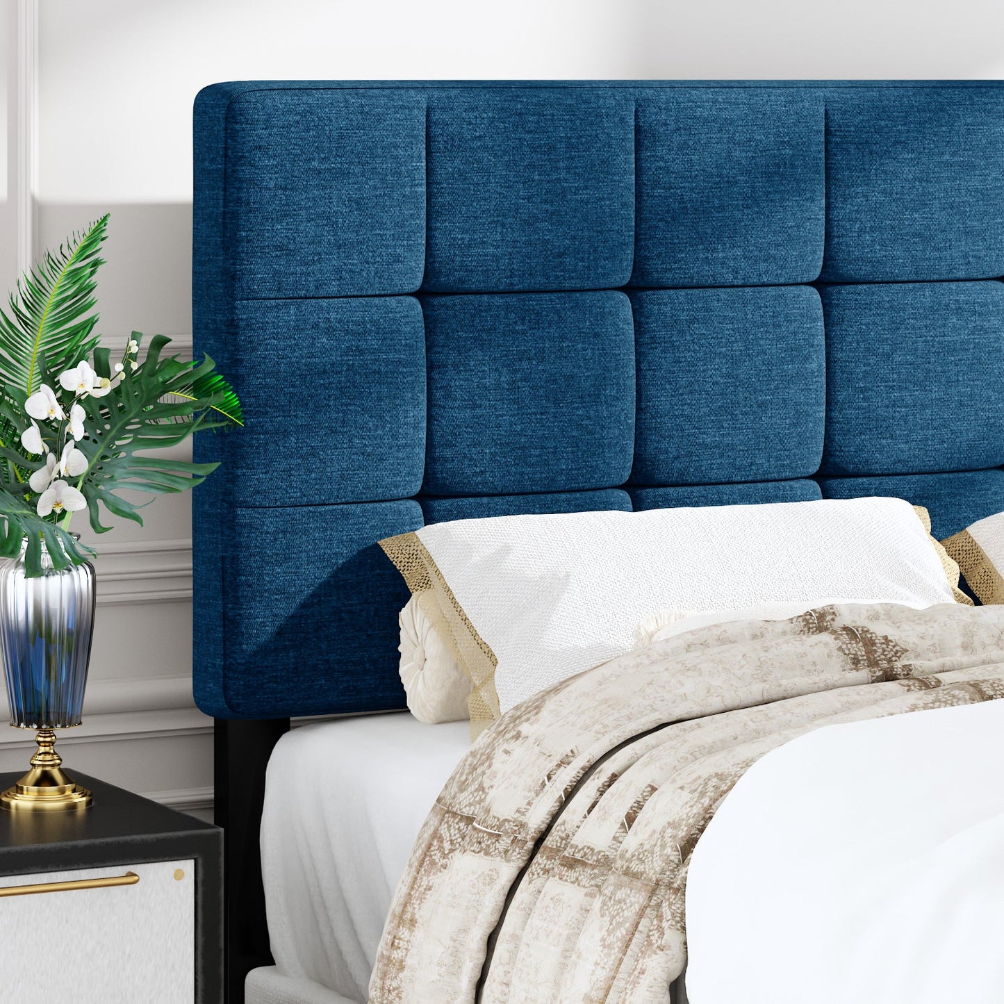 Fabric Upholstered Platform Bed Frame, Panel Bed Frame with Adjustable High Headboard