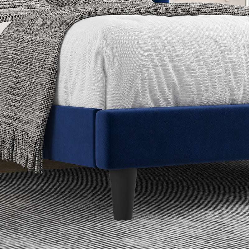 Velvet Upholstered Platform Bed Frame with Headboard, Strong Wood Slats Support