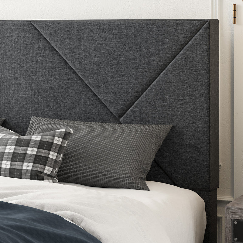 Queen Size Metal Bed Frame with Geometric Upholstered Headboard, Grey