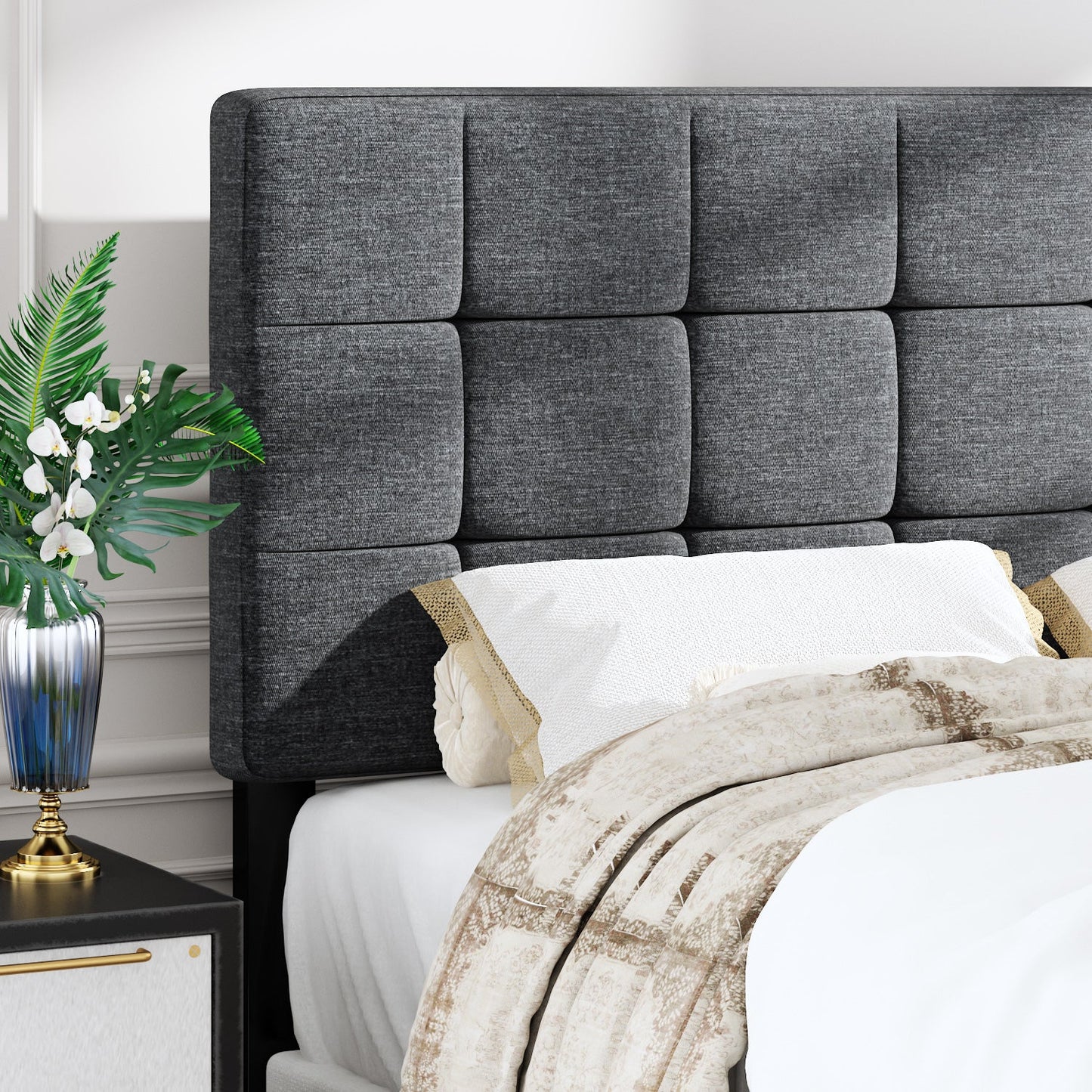 Fabric Upholstered Platform Bed Frame, Panel Bed Frame with Adjustable High Headboard