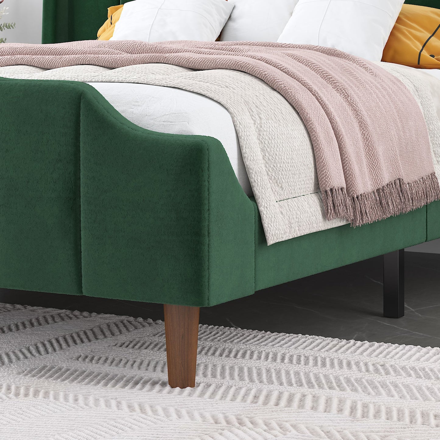 Modern Curved Wood Bed Frame with Upholstered Wingback Headboard