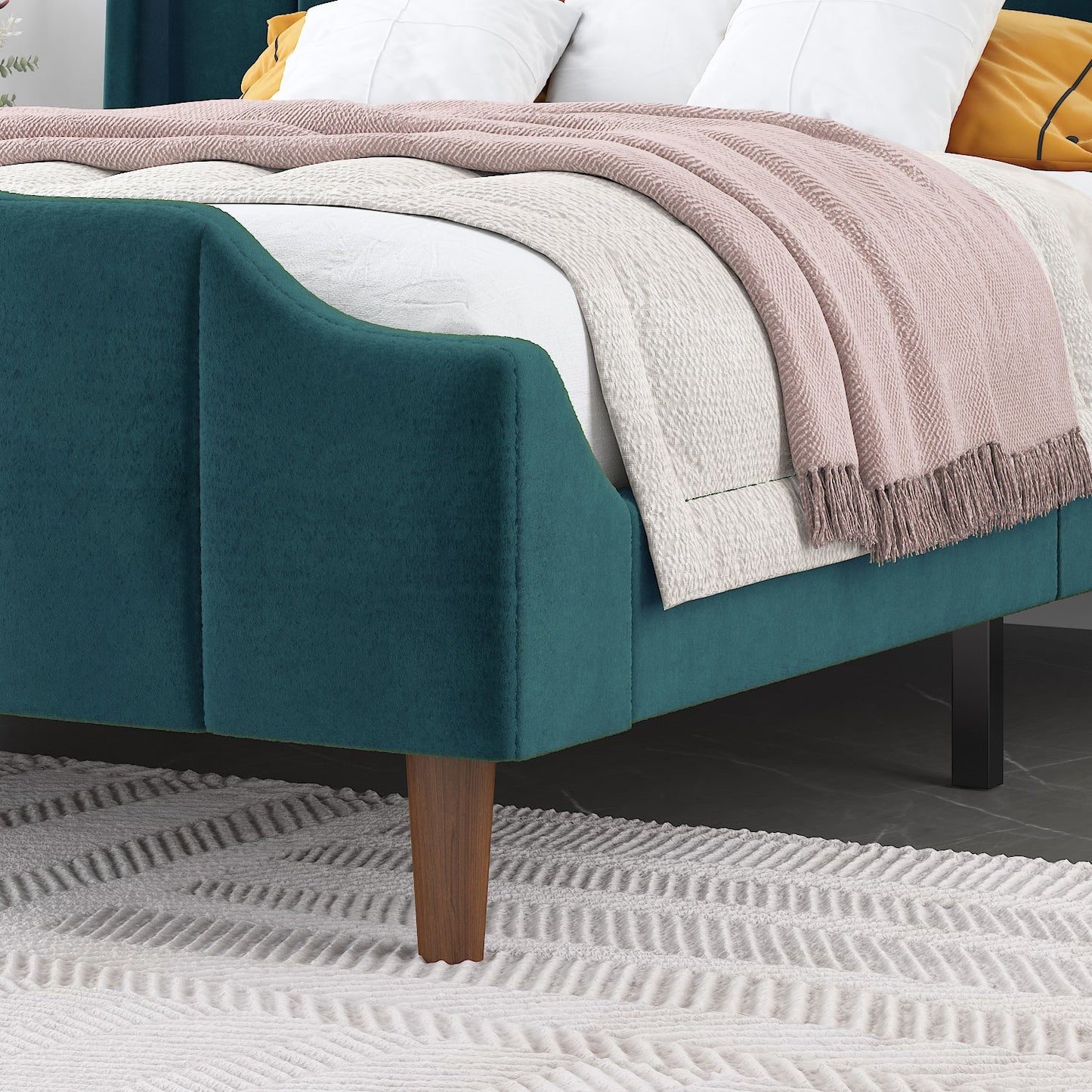 Modern Curved Wood Bed Frame with Upholstered Wingback Headboard