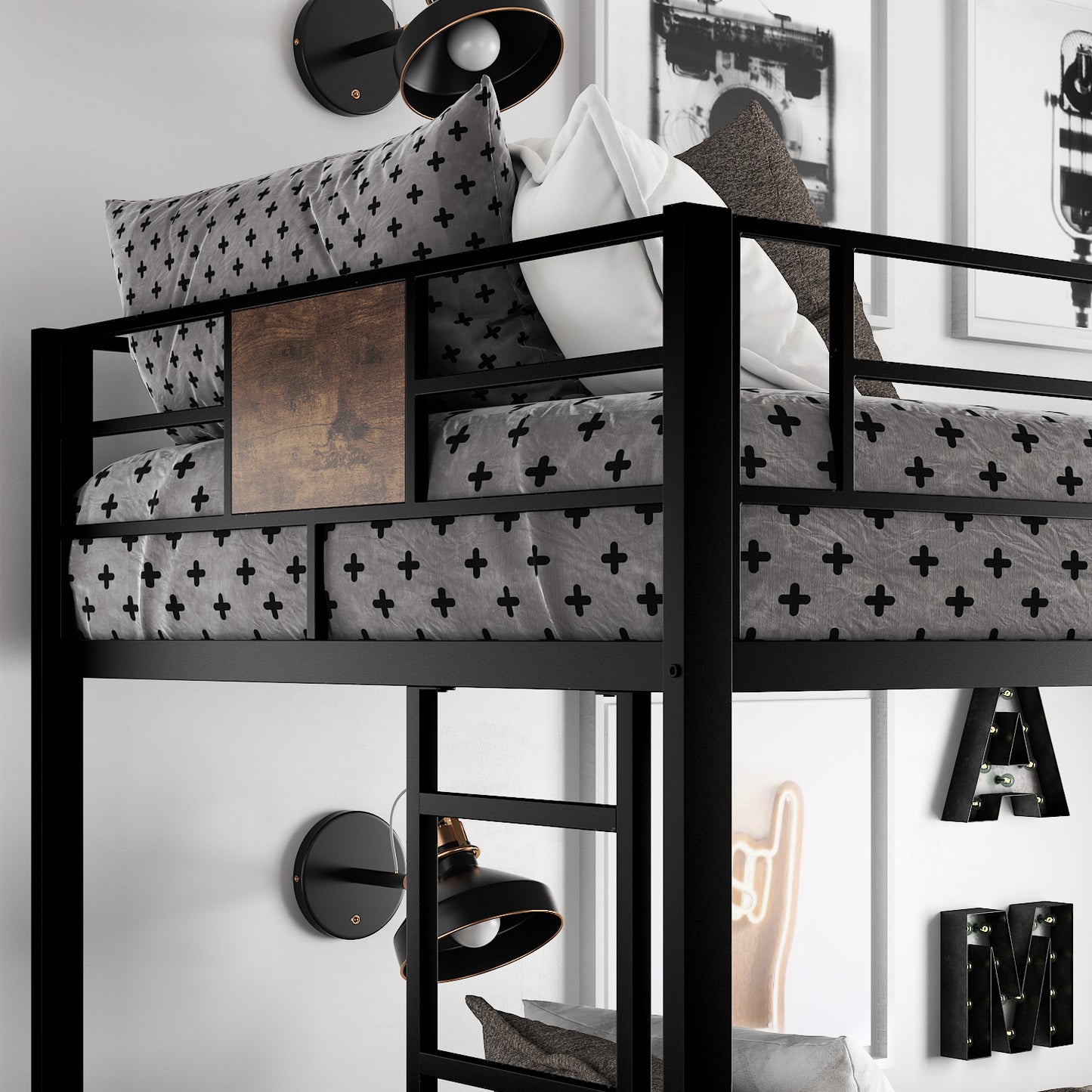 Amolife Metal Twin Over Twin Size Bunk Bed Frame with Stairs & Full-Length Guardrail, Black