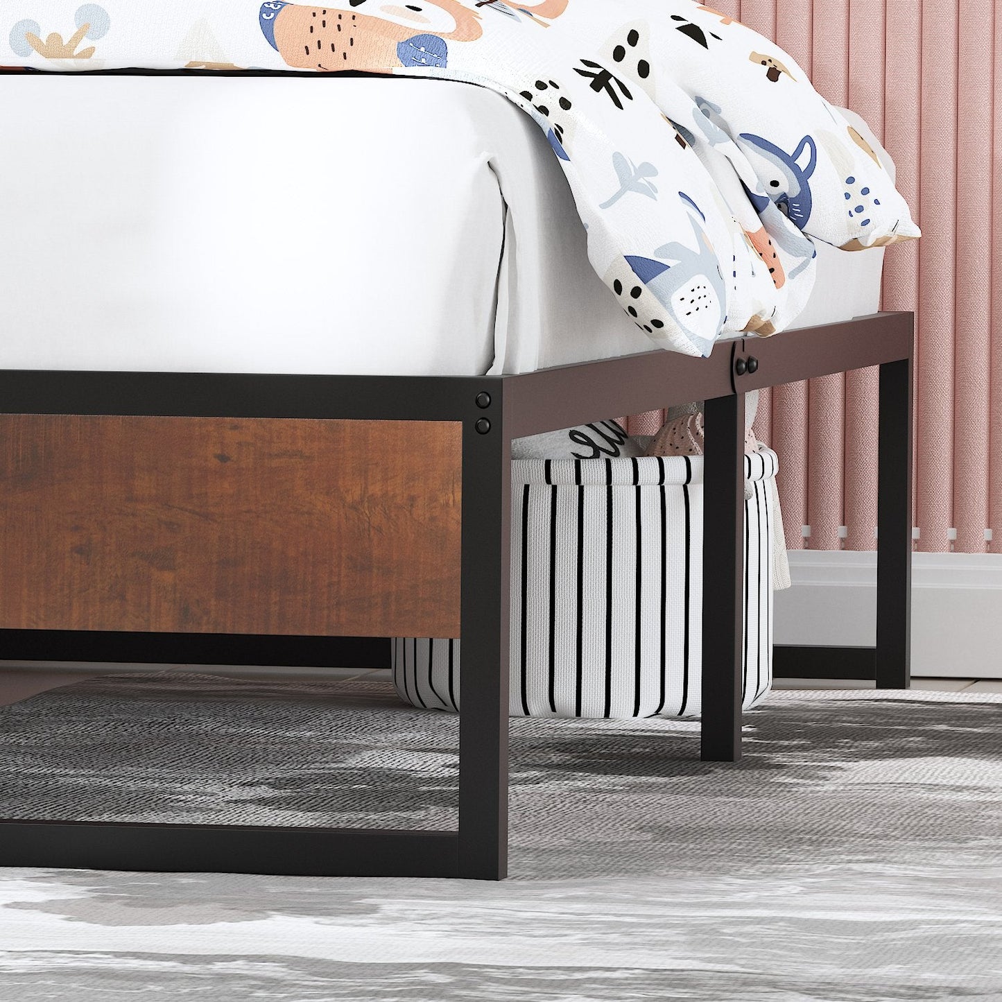 14 Inch Metal Bed Frame with Storage, Mattress Foundation with Rustic Wood