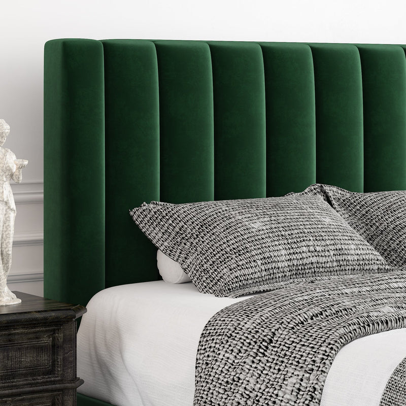 Velvet Upholstered Platform Bed Frame with Headboard, Strong Wood Slats Support