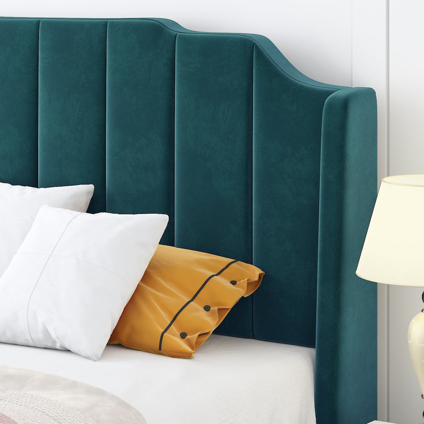 Modern Curved Wood Bed Frame with Upholstered Wingback Headboard