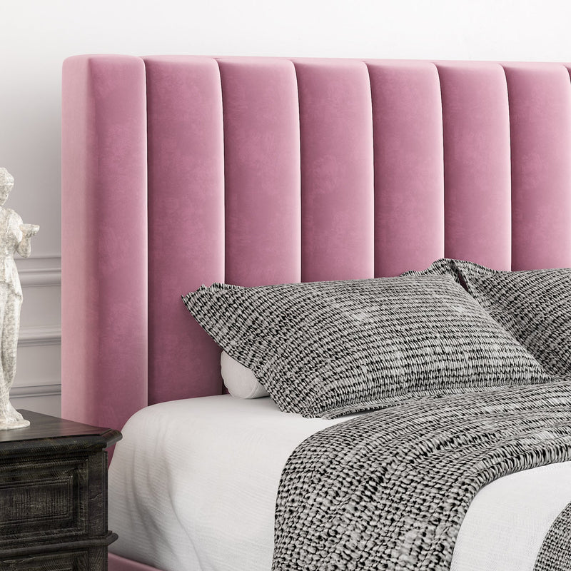 Velvet Upholstered Platform Bed Frame with Headboard, Strong Wood Slats Support
