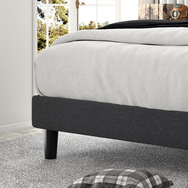 Queen Size Metal Bed Frame with Geometric Upholstered Headboard, Grey