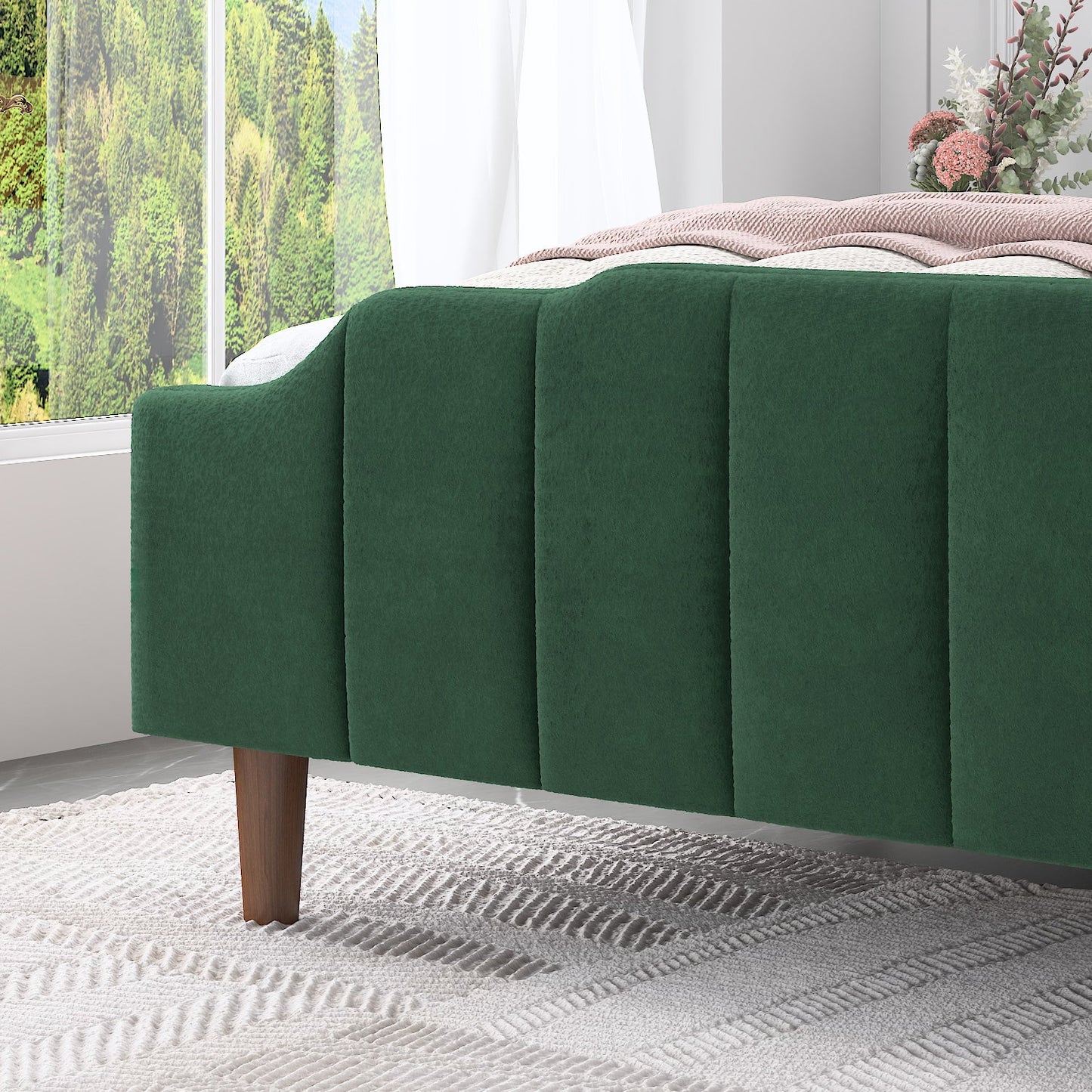 Modern Curved Wood Bed Frame with Upholstered Wingback Headboard