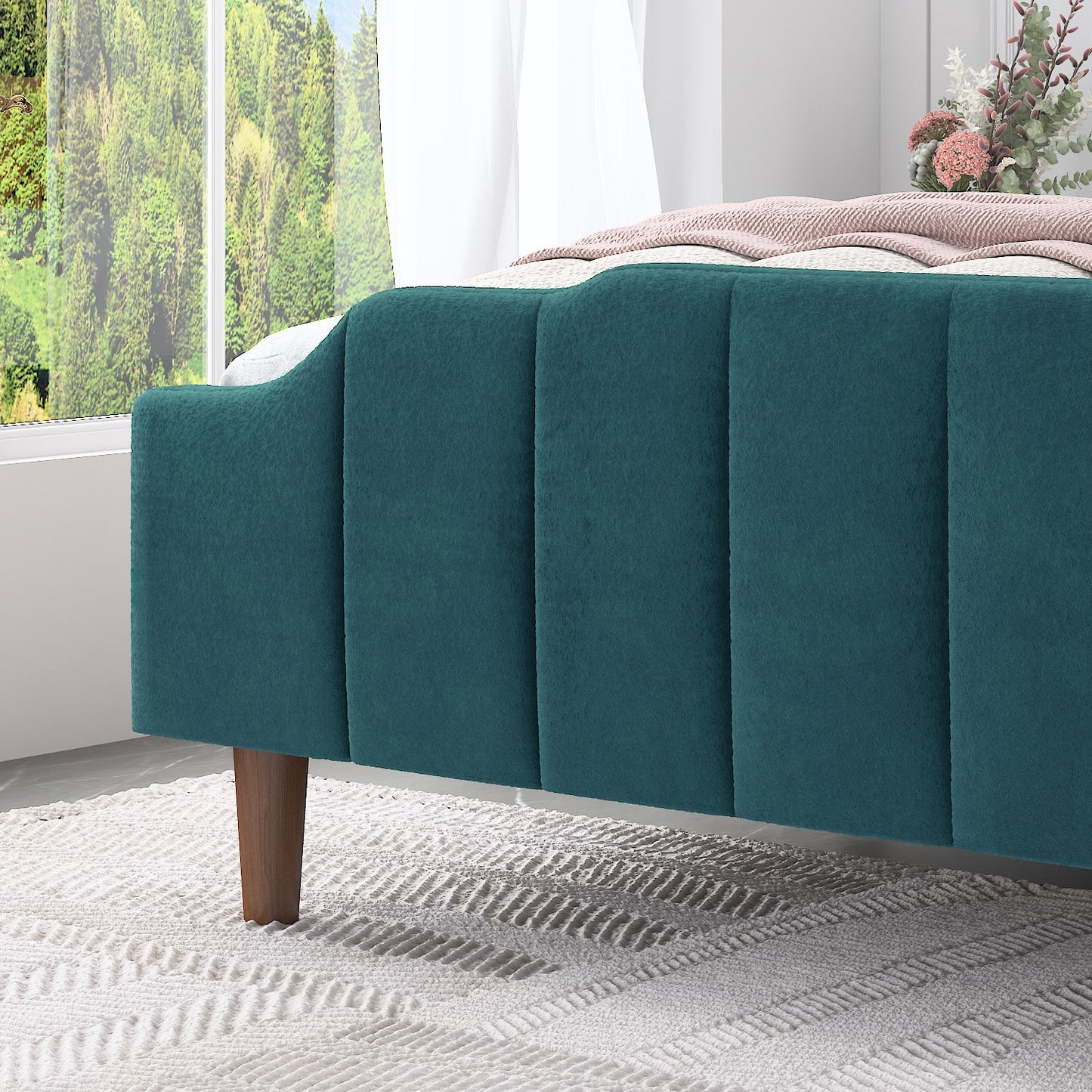 Modern Curved Wood Bed Frame with Upholstered Wingback Headboard