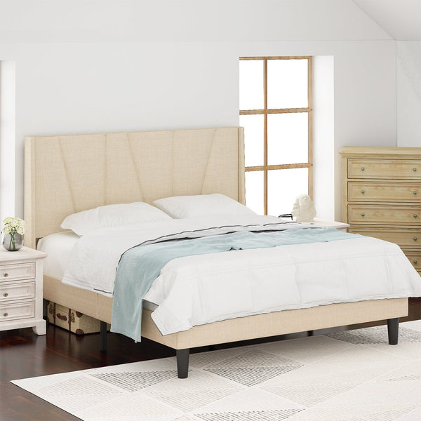 Upholstered Linen Platform Bed Frame with Geometric Wingback Headboard, Mattress Foundation