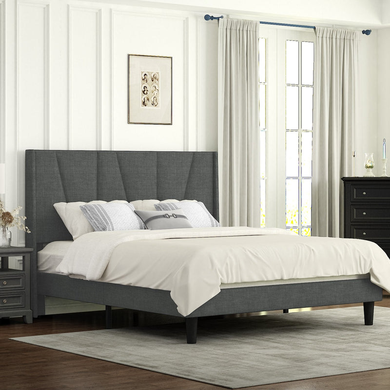 Upholstered Linen Platform Bed Frame with Geometric Wingback Headboard, Mattress Foundation