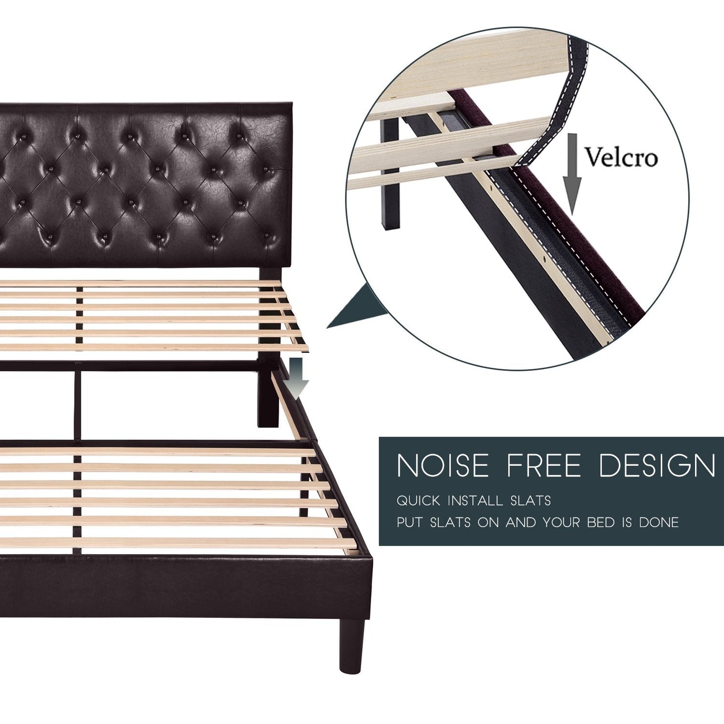 Faux Leather Upholstered Bed Frame with Adjustable Diamond Stitched Button Tufted Headboard