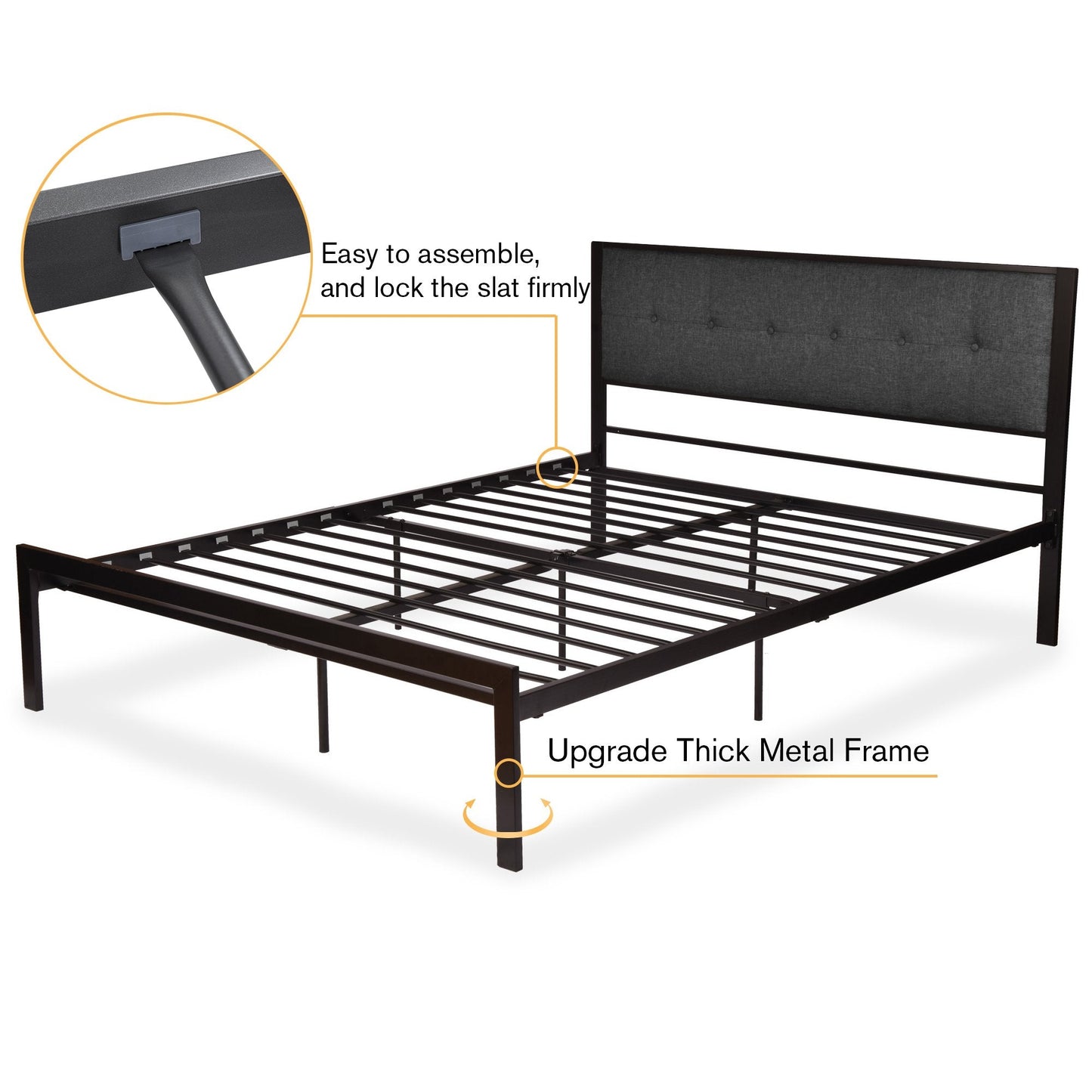 Bed Frame with Upholstered Button Tufted Square Stitch Headboard