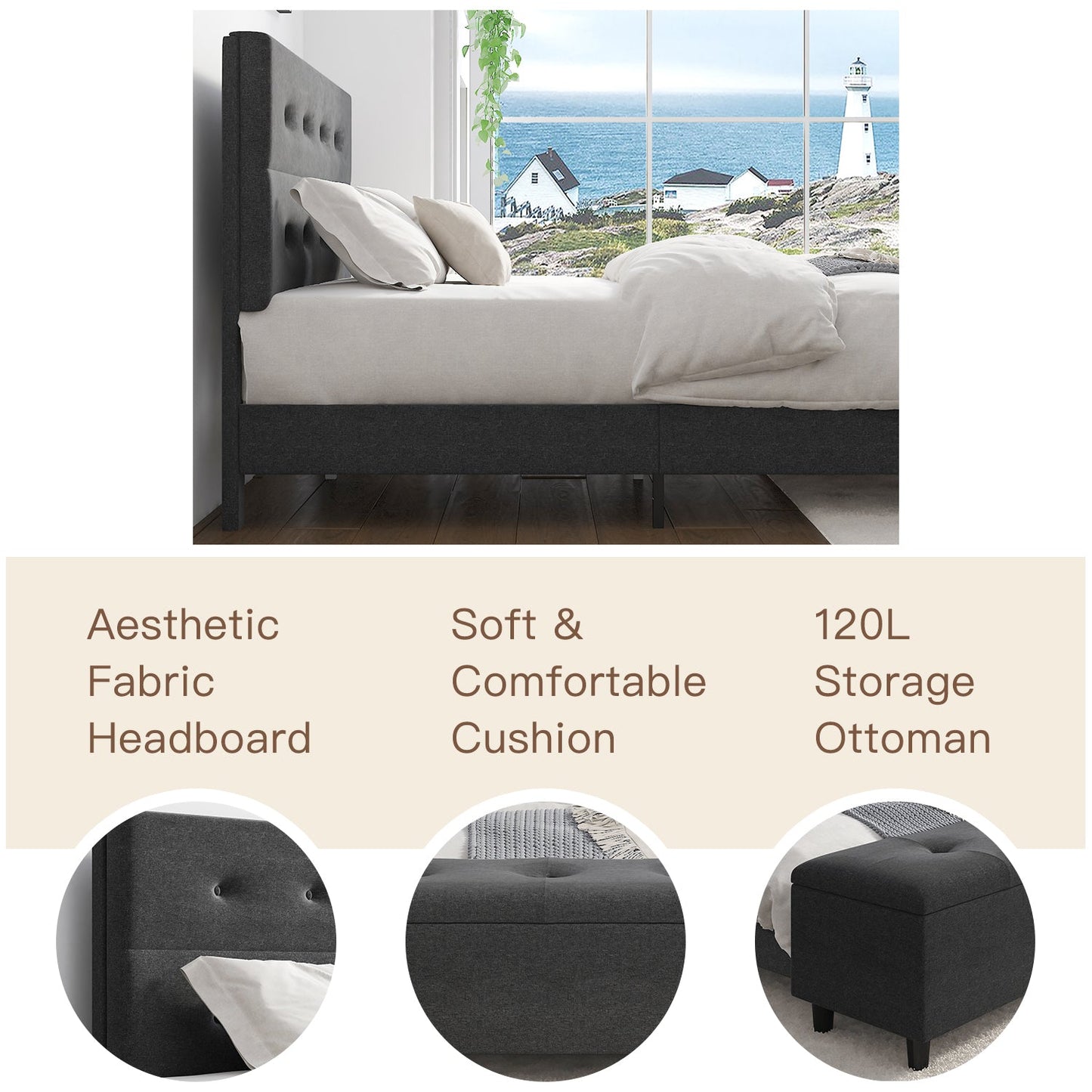 Upholstered  Bed Frame with Ottoman Storage Bench