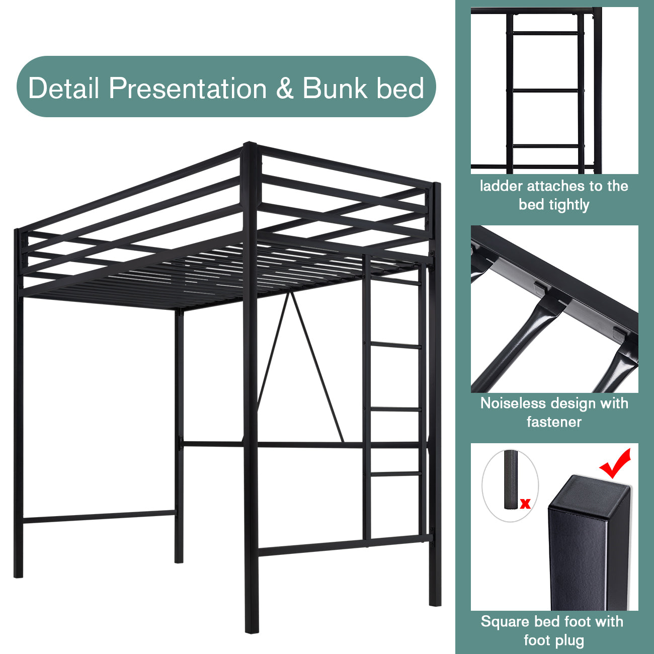 Loft Bed Frame for Juniors&Adults, Metal Loft Bed Twin Size with Safety Guardrail&Removable Ladder, Space-Saving, Noise Free