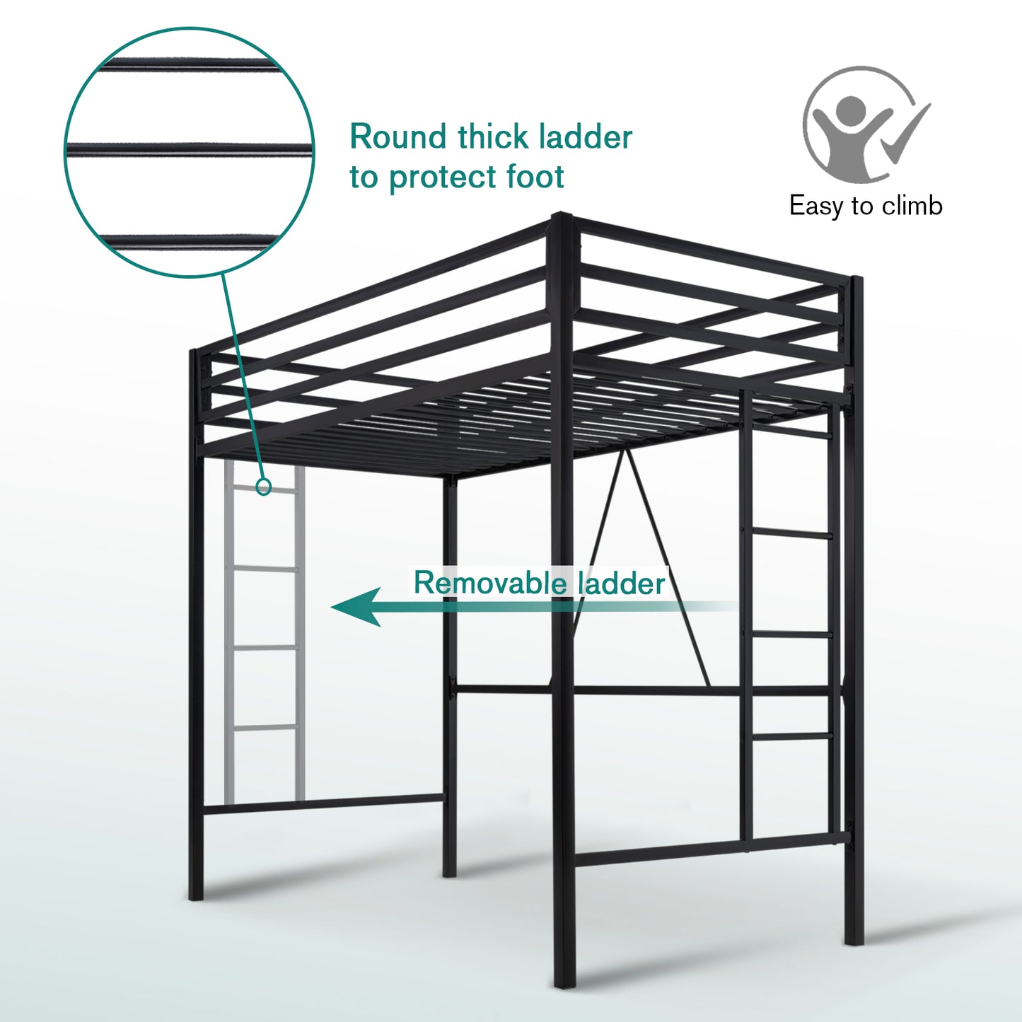 Loft Bed Frame for Juniors&Adults, Metal Loft Bed Twin Size with Safety Guardrail&Removable Ladder, Space-Saving, Noise Free