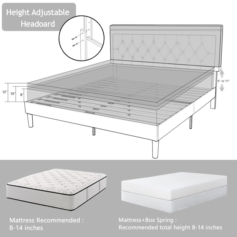 Fabric Upholstered Button Tufted Platform Bed Frame with Adjustable Headboard