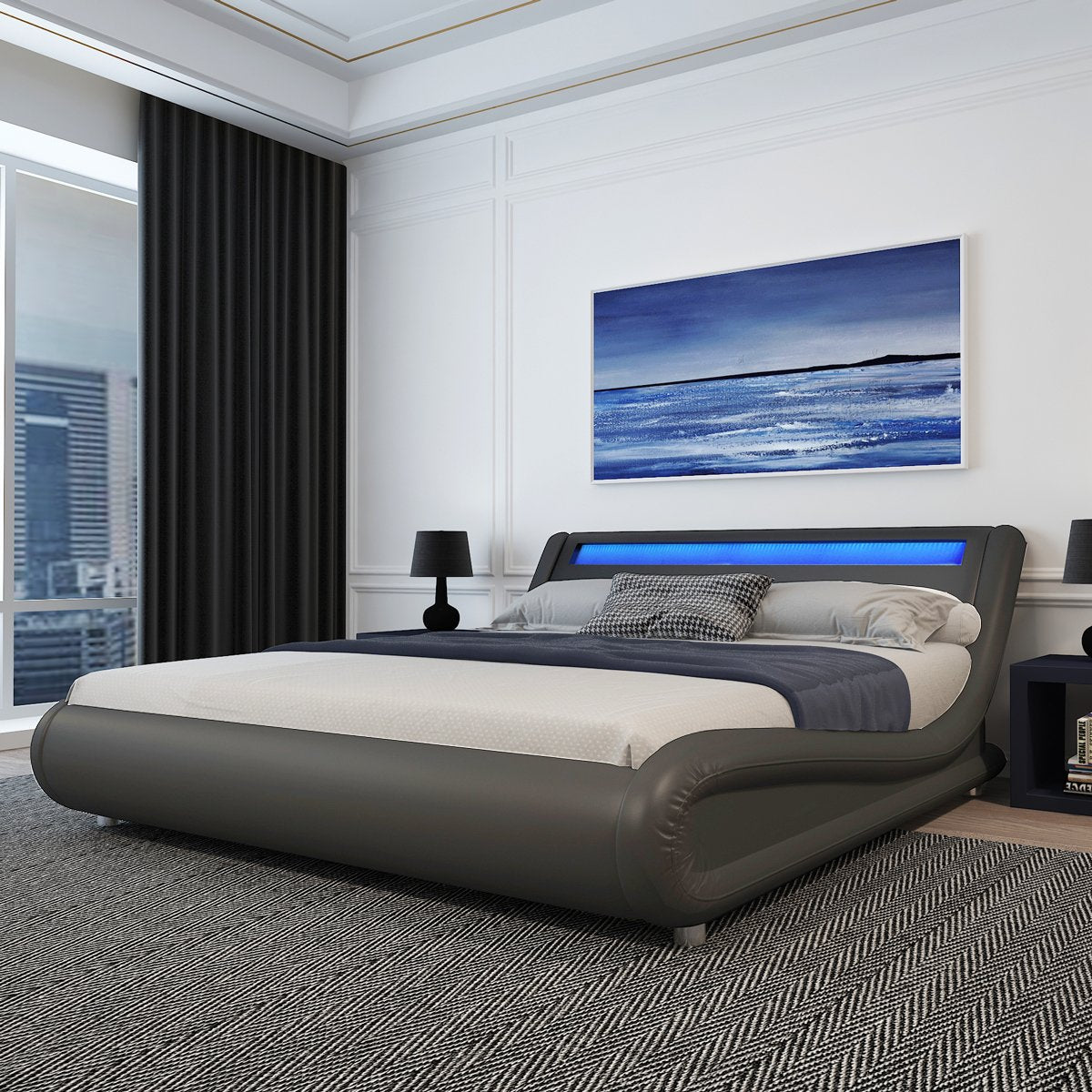 Wave Like Curve Deluxe Upholstered Modern Bed Frame with LED Headboard