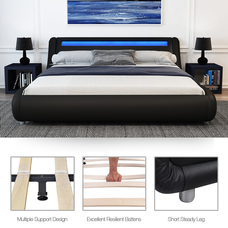 Wave Like Curve Deluxe Upholstered Modern Bed Frame with LED Headboard