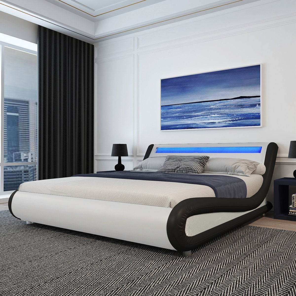 Wave Like Curve Deluxe Upholstered Modern Bed Frame with LED Headboard