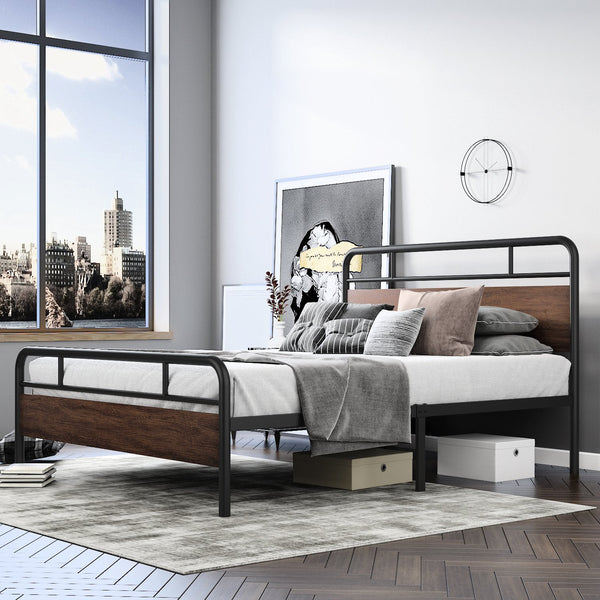 Heavy Duty Bed Frames with Modern Wood Headboard, Metal Platform Bed with Frosted Iron Frame