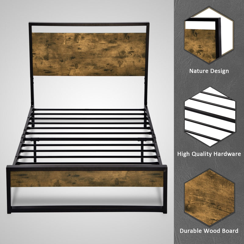 Modern Bed Frame with Wooden Industrial Headboard, Noise Free Design