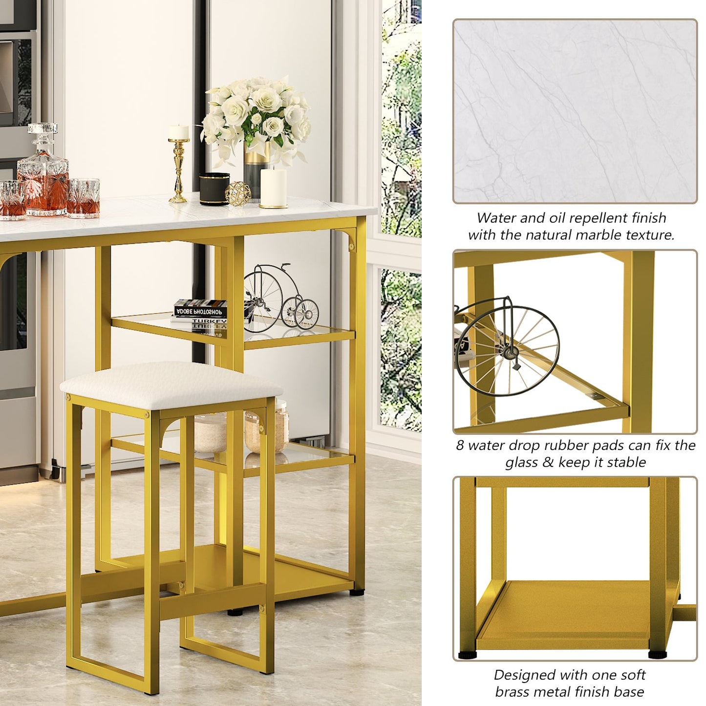 3-Piece Counter Height Dining Table Set Kitchen Dining Pub Bar Table