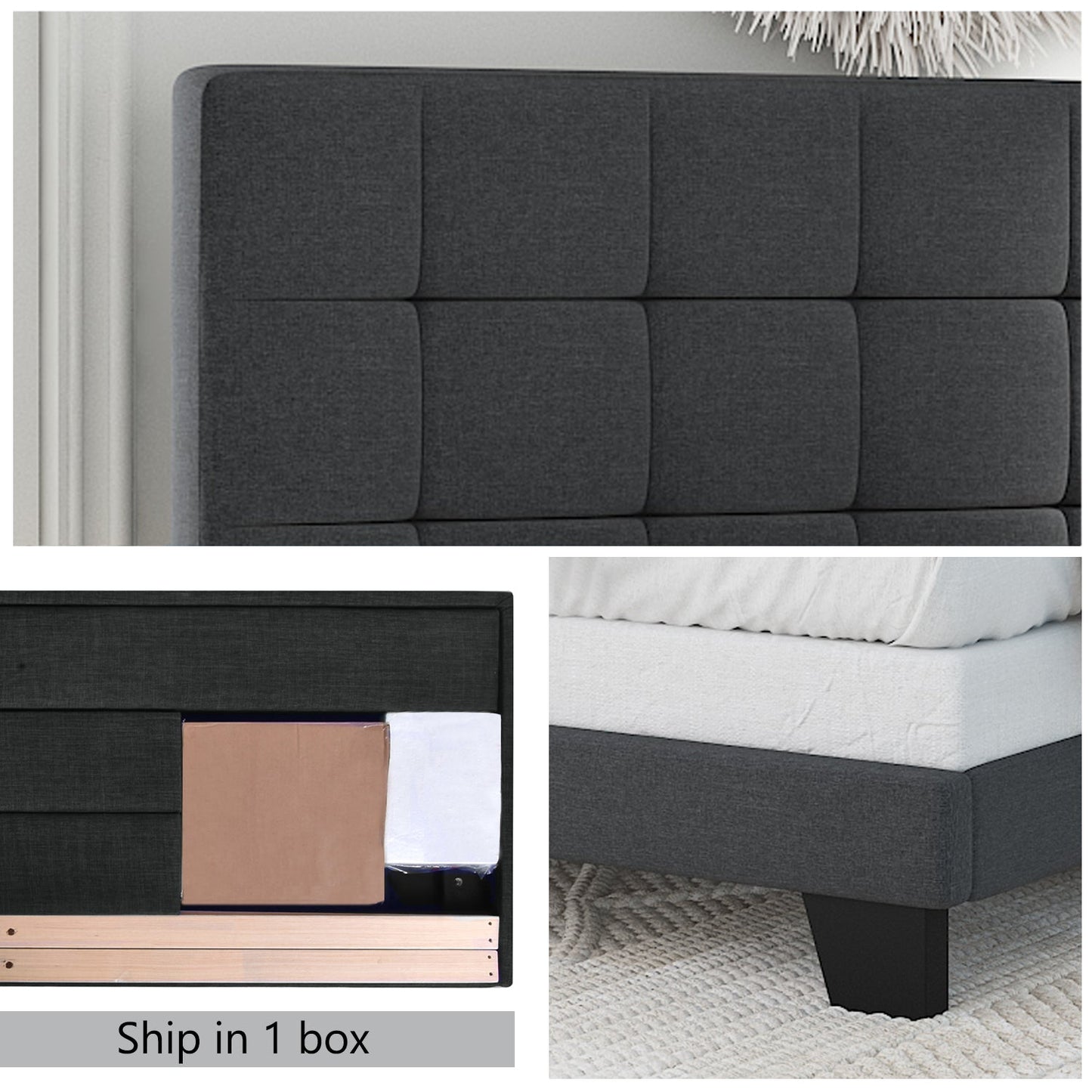 Fabric Upholstered Platform Bed Frame, Panel Bed Frame with Adjustable High Headboard