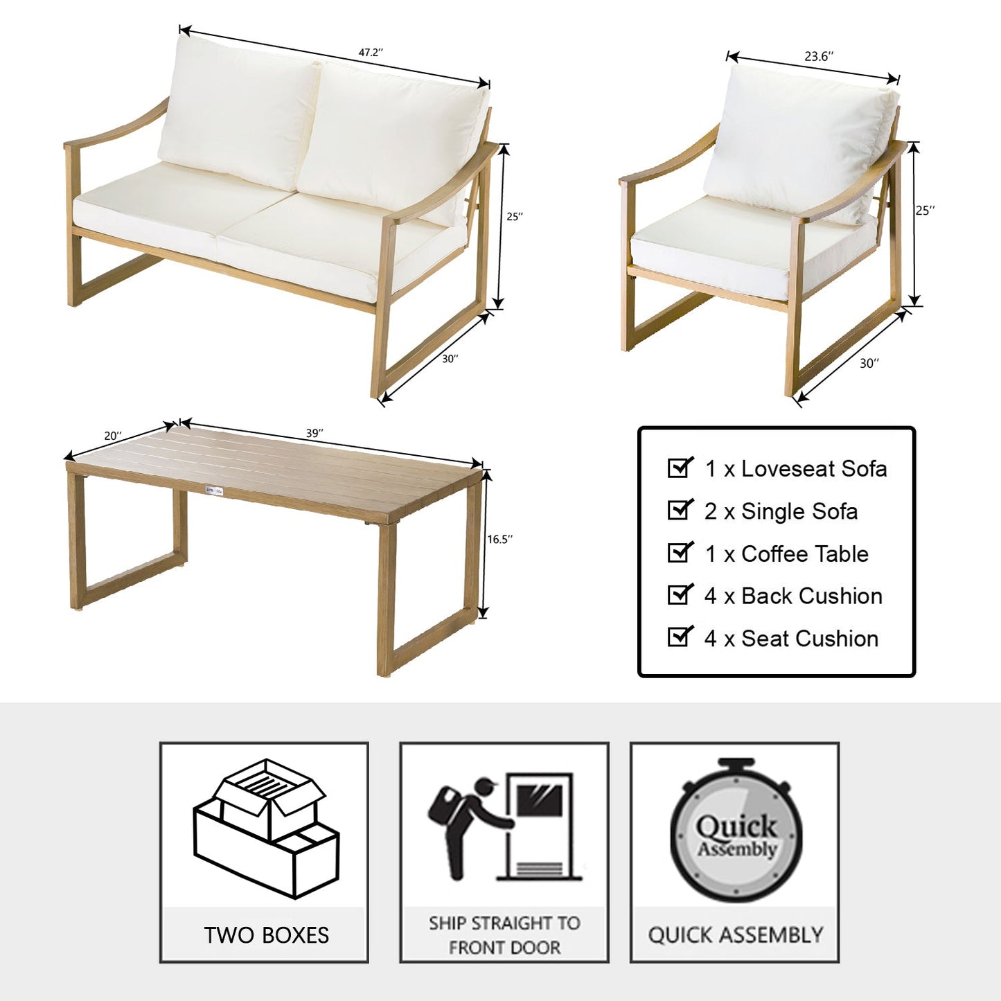 4 Pieces Patio Furniture Set Outdoor Conversation Sets, Modern Loveseat, Table and Chairs