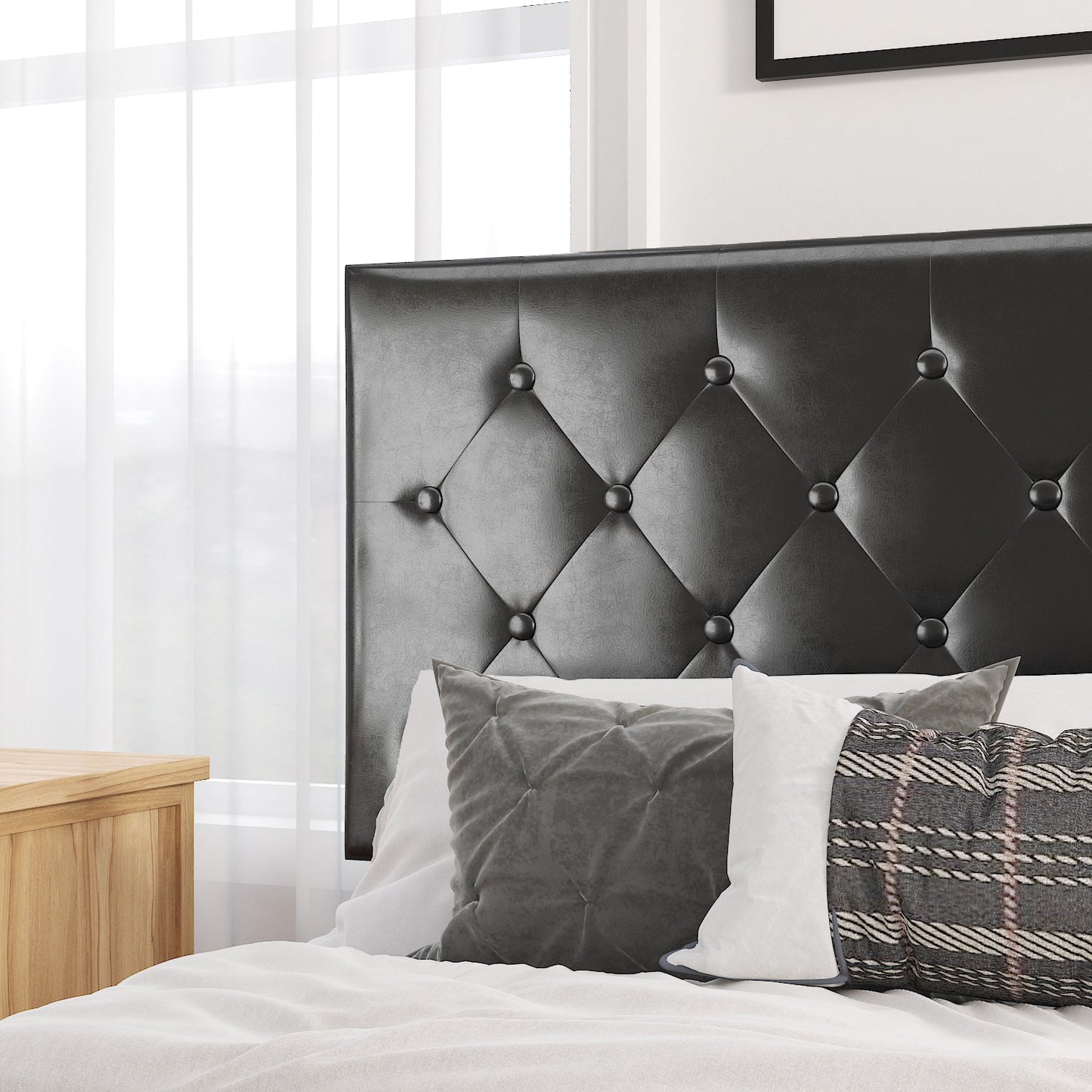 Faux Leather Upholstered Bed Frame with Adjustable Diamond Stitched Button Tufted Headboard
