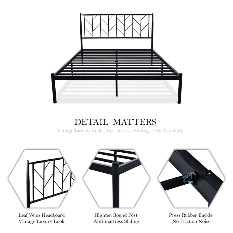 Amolife Queen Size Metal Platform Bed Frame with Solid Metal Slat Support,  Black 
